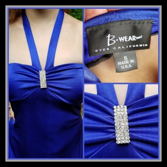 B. Wear Too ✦ Blue Halter Mini Dress ✦ Crystal Accent w/ Satin Glow & Ruffle Hem - Picture 9 of 13